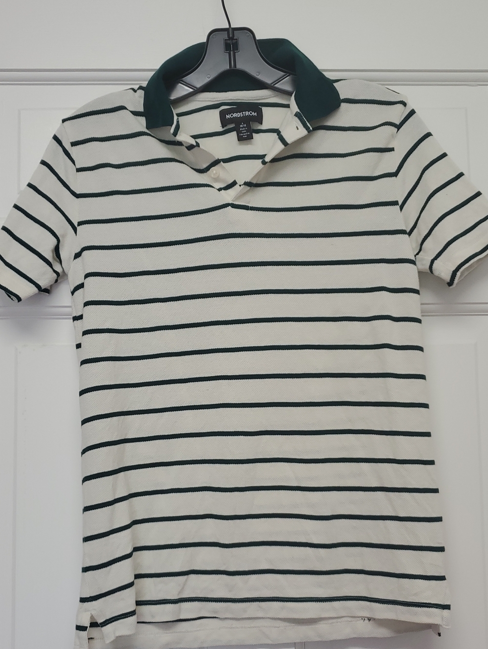 NORDSTROM Boys Striped Polo Shirt - White with Dark Green Stripes Size Large